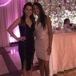 Gorgeous pearl and rhinestone midi black dress